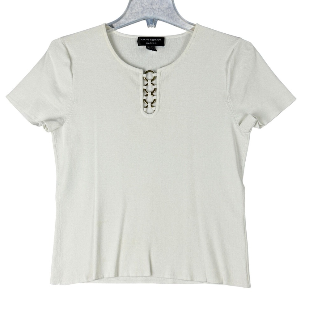 Cable & Gauge Petites Women's PM Cream Short Sleeve Keyhole Ring Neck Knit Top